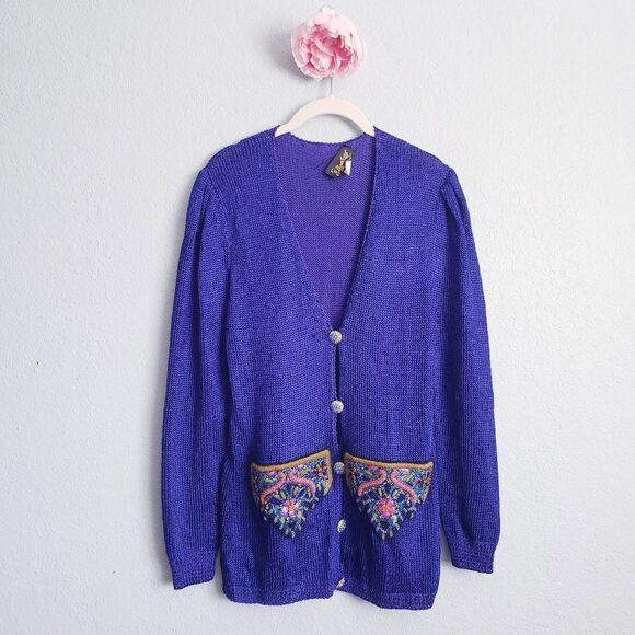 VINTAGE Elizabeth New York Royal Blue Knit Beaded Embellished Button Cardigan - Picture 1 of 9